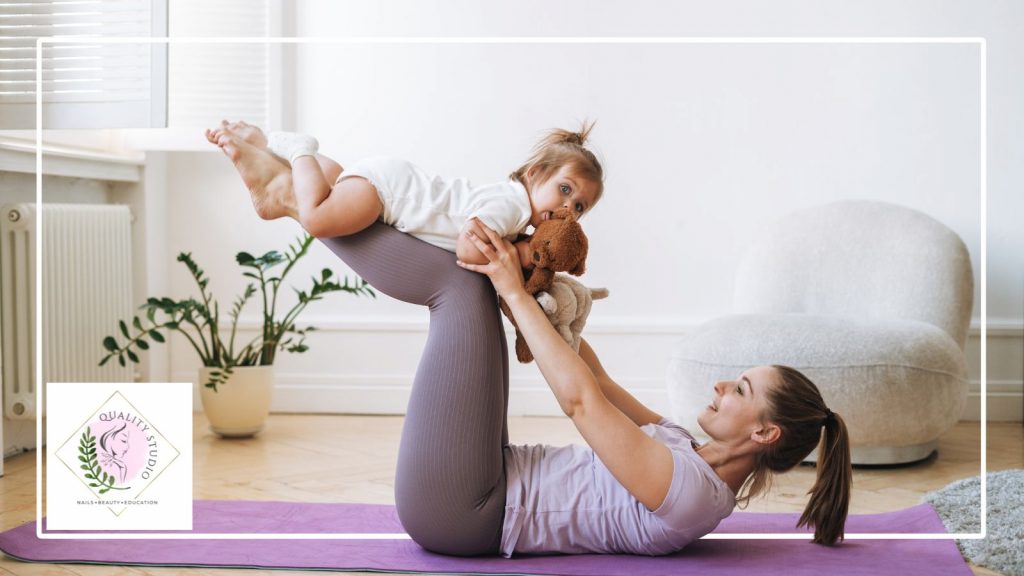 Mother doing pelvic floor recovery exercise after childbirth with baby