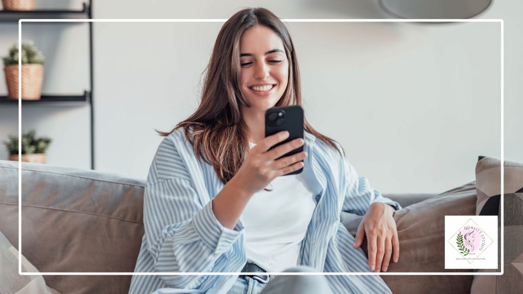 Woman enjoying a calm moment with a phone, representing returning to normal daily activities with no downtime after pelvic floor treatment in Derby.