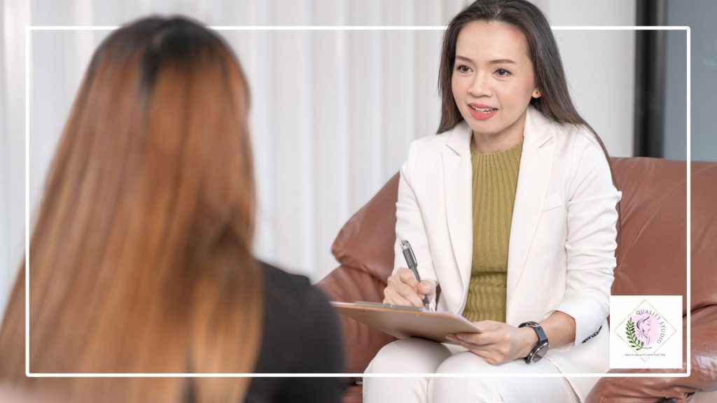 One-to-one consultation with a client in a calm setting, representing personal guidance and support during pelvic floor treatment in Derby.