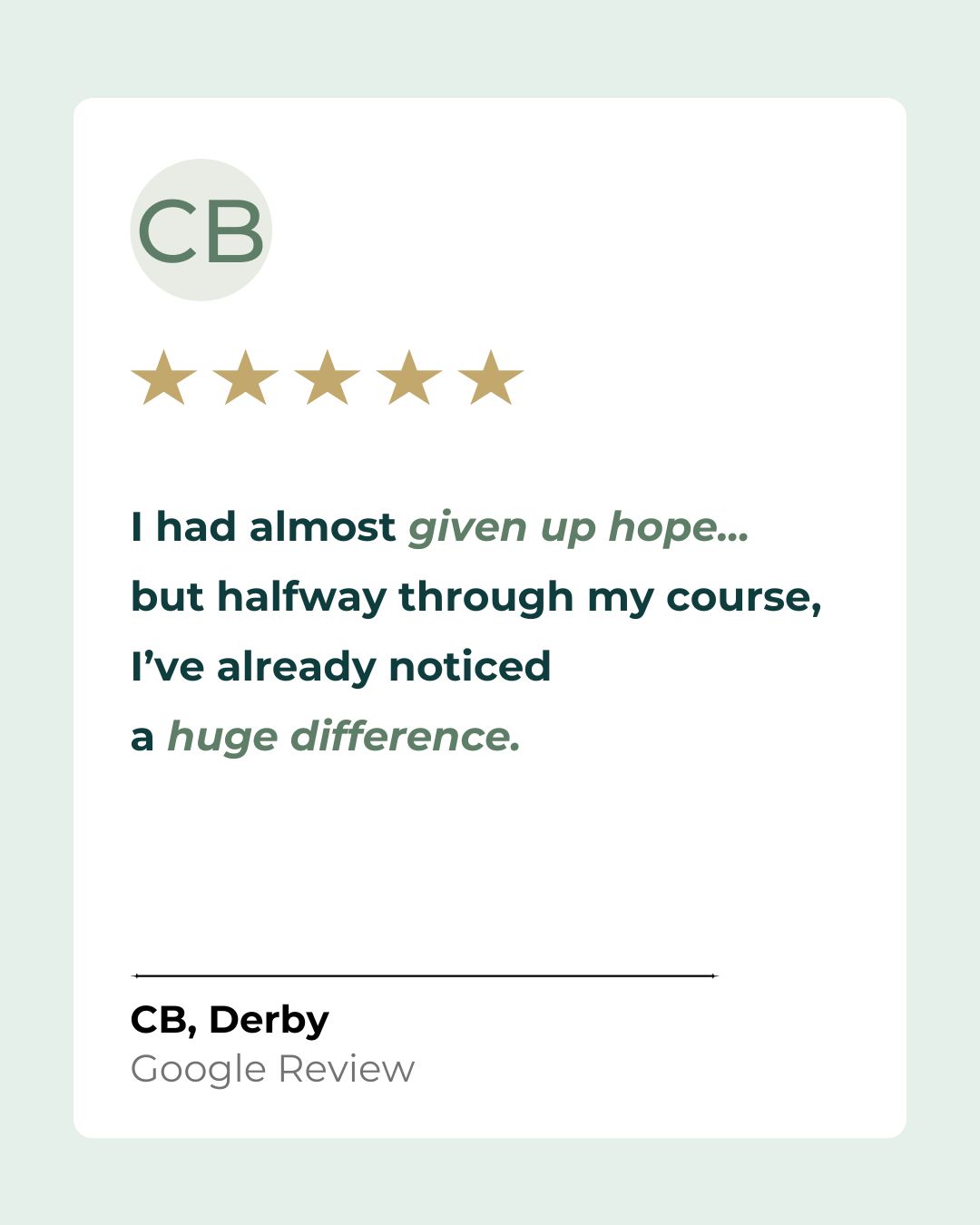 Google review from a Derby client describing improvement after starting pelvic floor chair sessions at Quality Studio & Academy.