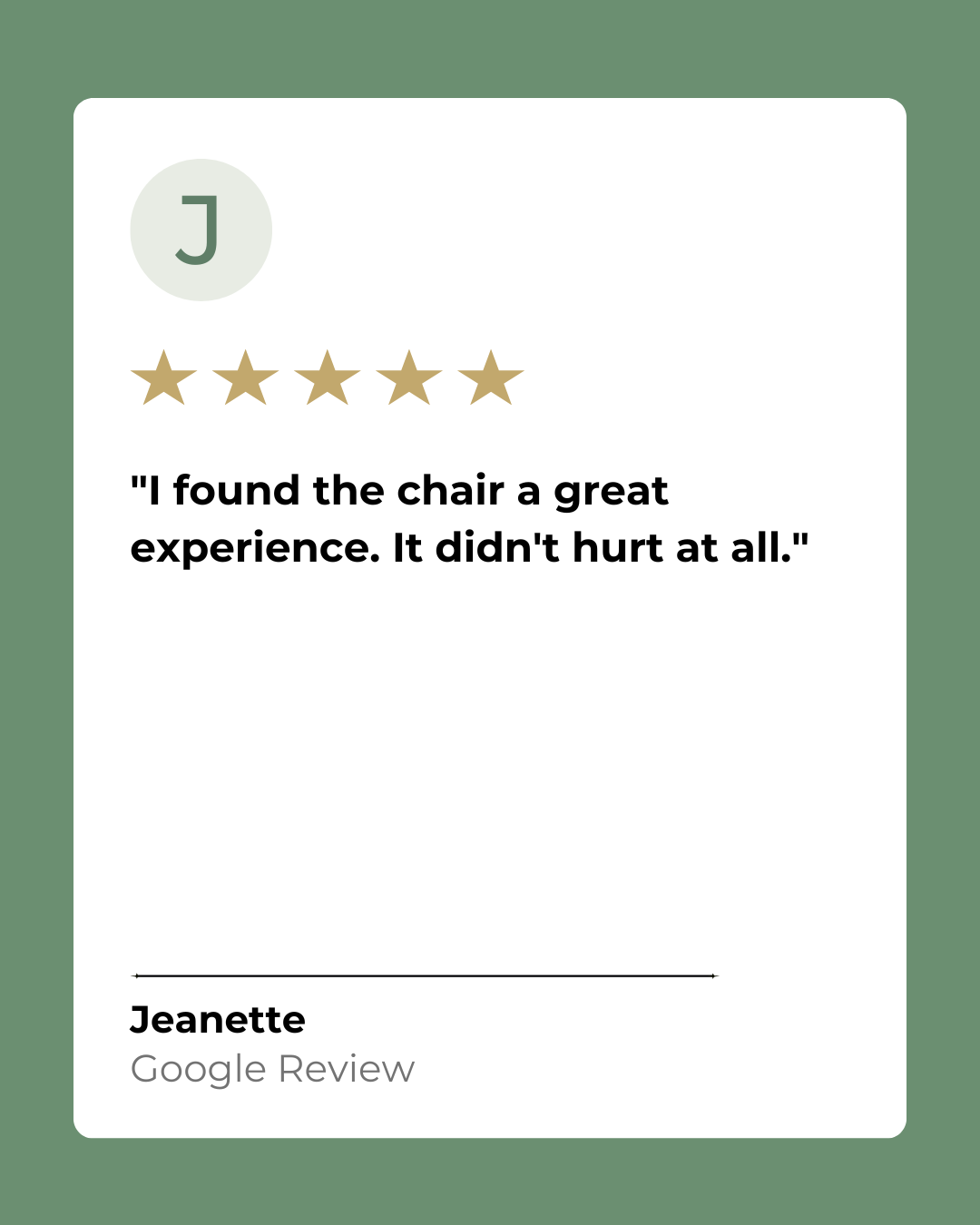 Five-star Google review from Jeanette describing a comfortable first pelvic floor chair session at Quality Studio & Academy in Derby.