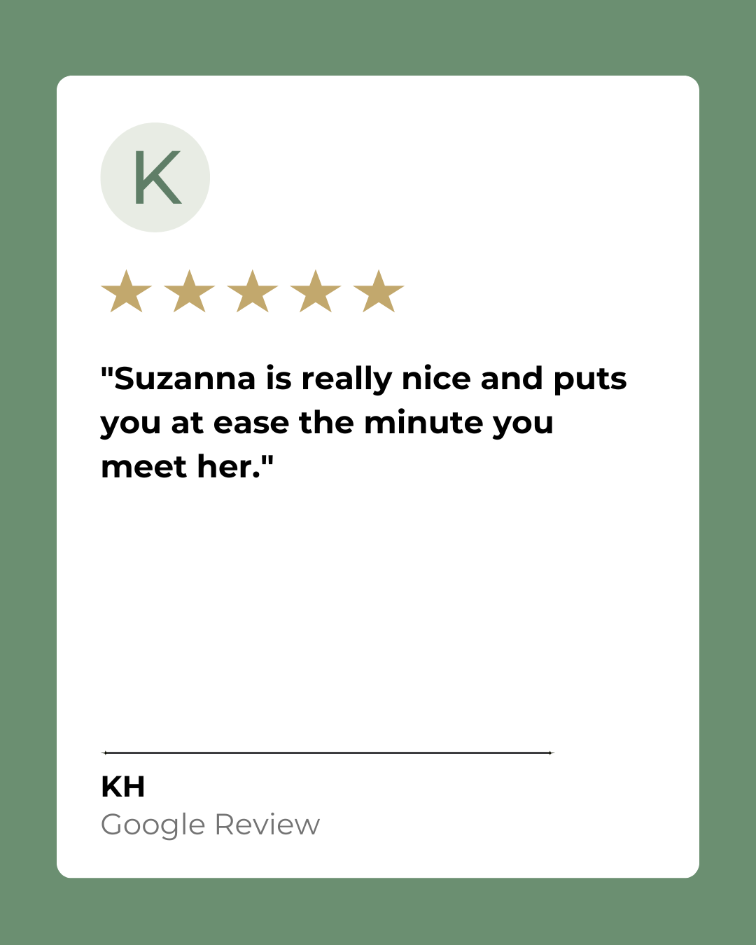 Five-star Google review describing a welcoming first pelvic floor consultation and treatment experience in Derby.