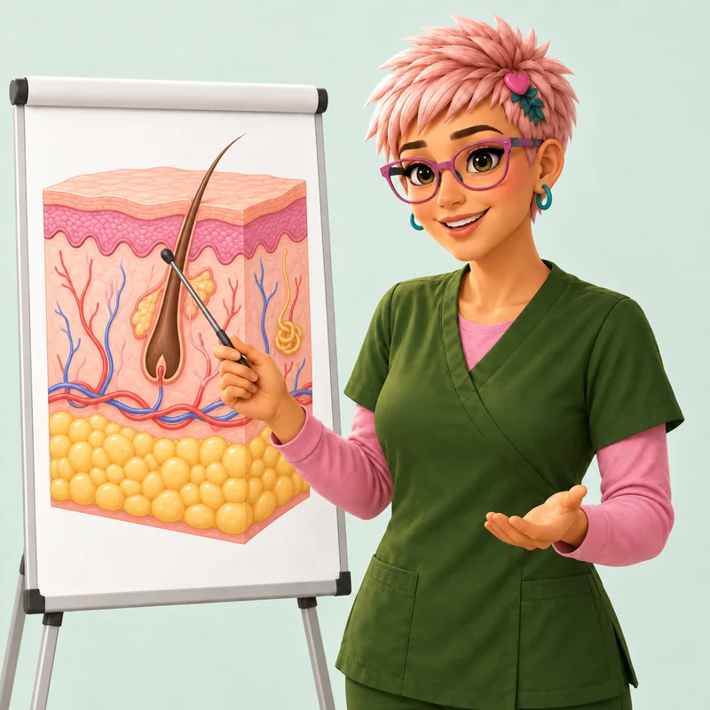 Suzy’s avatar teaching beside an illustrated skin cross-section.