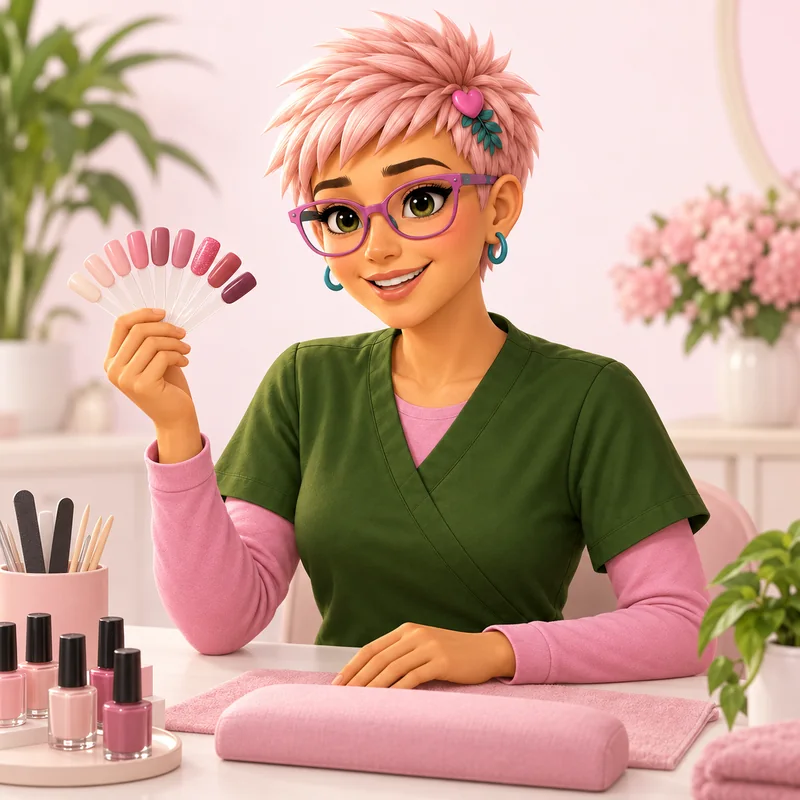Suzy’s avatar with nail colour samples at a manicure desk.