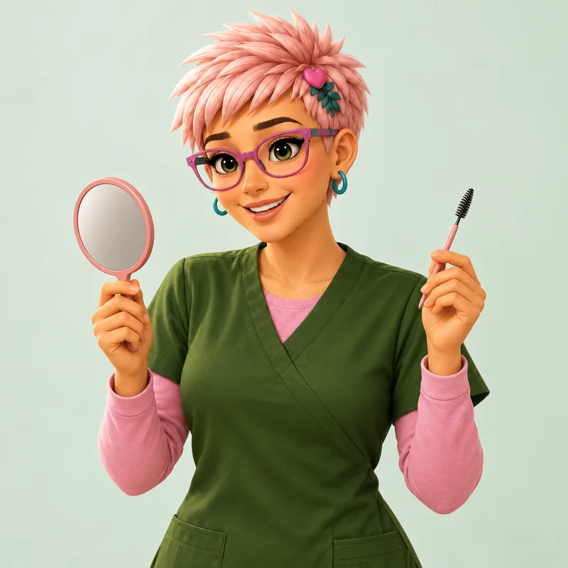 Suzy’s avatar holding a mirror and eyebrow brush.