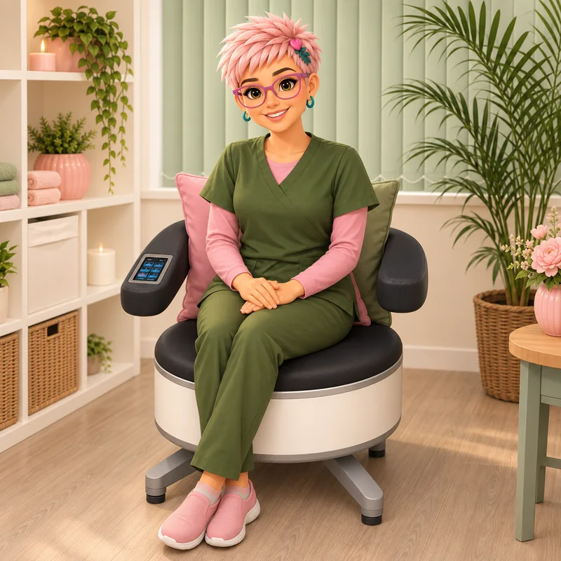 Suzy’s avatar seated fully clothed on the pelvic-floor treatment chair.