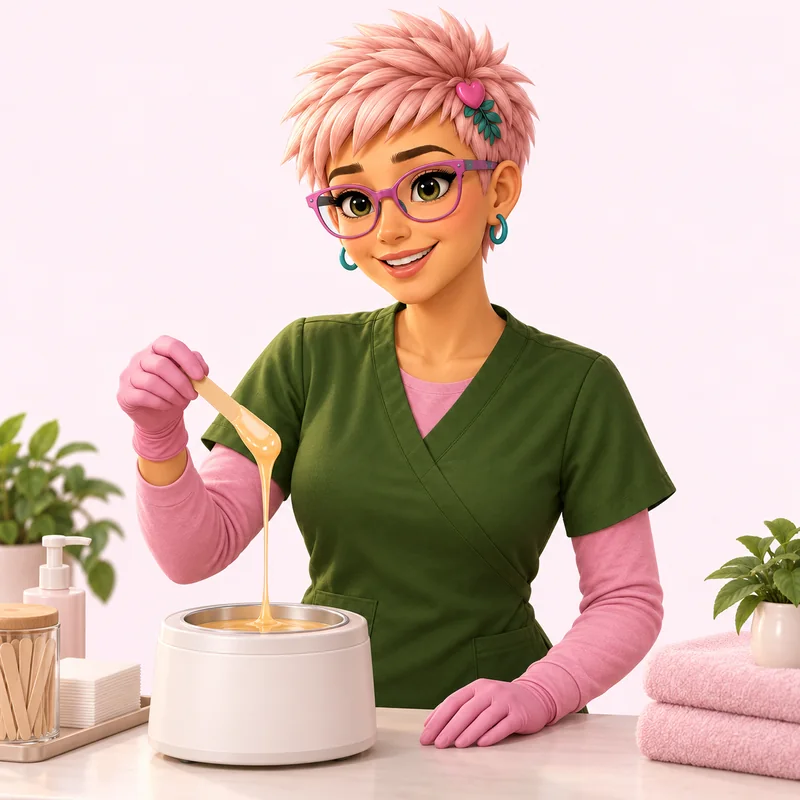 Suzy’s avatar wearing gloves and holding a waxing spatula over a pot.