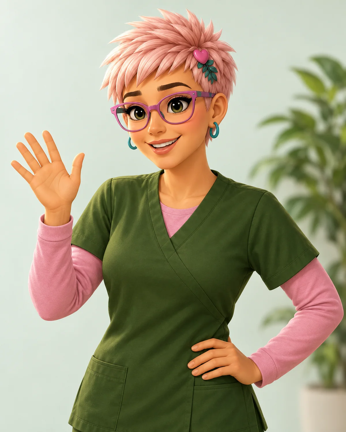 Suzy’s pink-haired illustrated avatar giving a friendly wave.